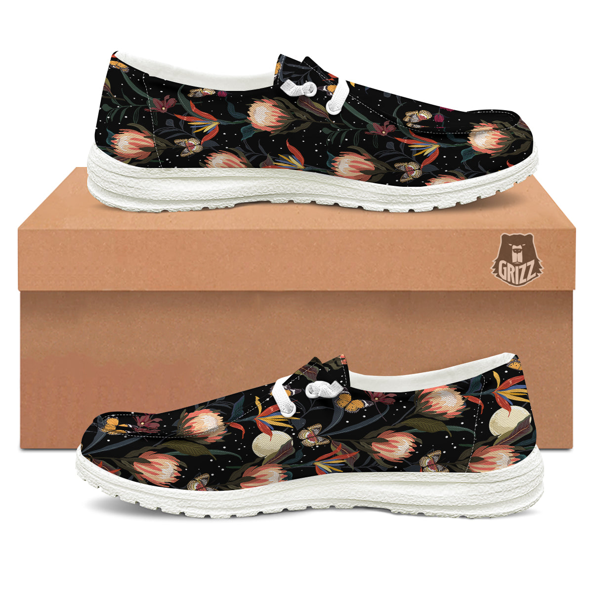Protea Watercolor Print Pattern White Loafers-grizzshop