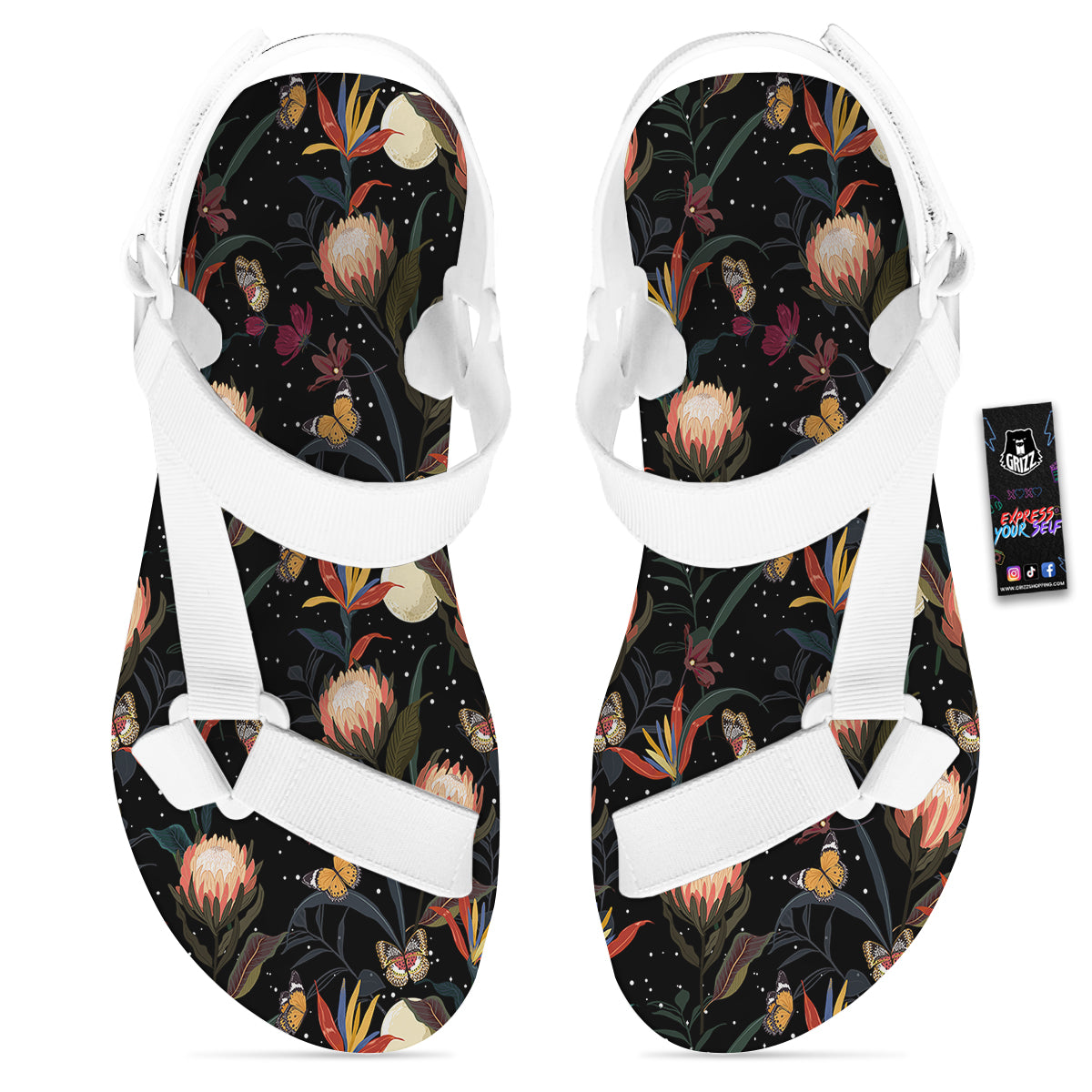 Protea Watercolor Print Pattern White Open Toe Sandals-grizzshop