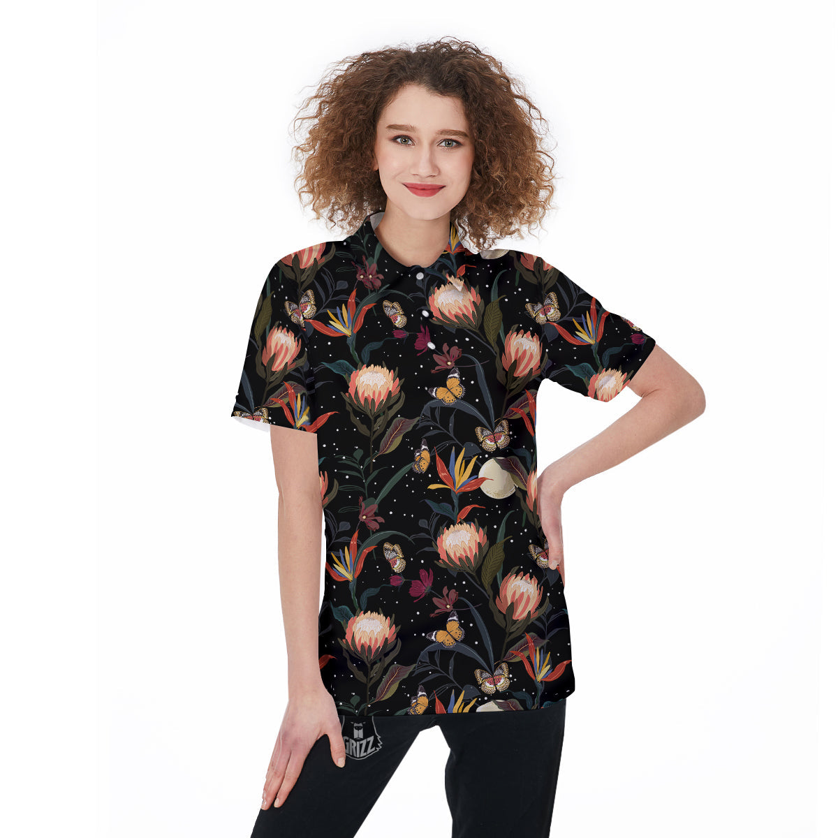 Protea Watercolor Print Pattern Women's Golf Shirts-grizzshop