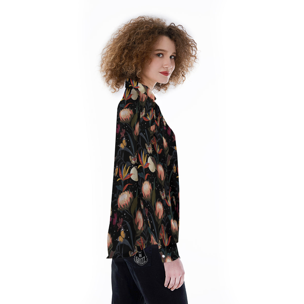 Protea Watercolor Print Pattern Women's Long Sleeve Shirts-grizzshop