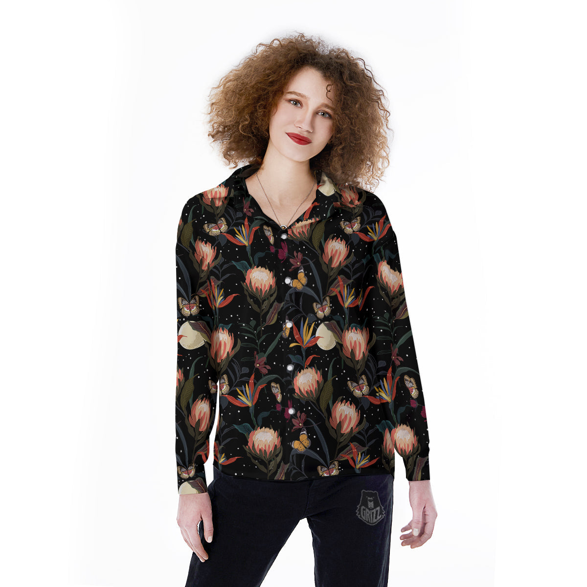 Protea Watercolor Print Pattern Women's Long Sleeve Shirts-grizzshop