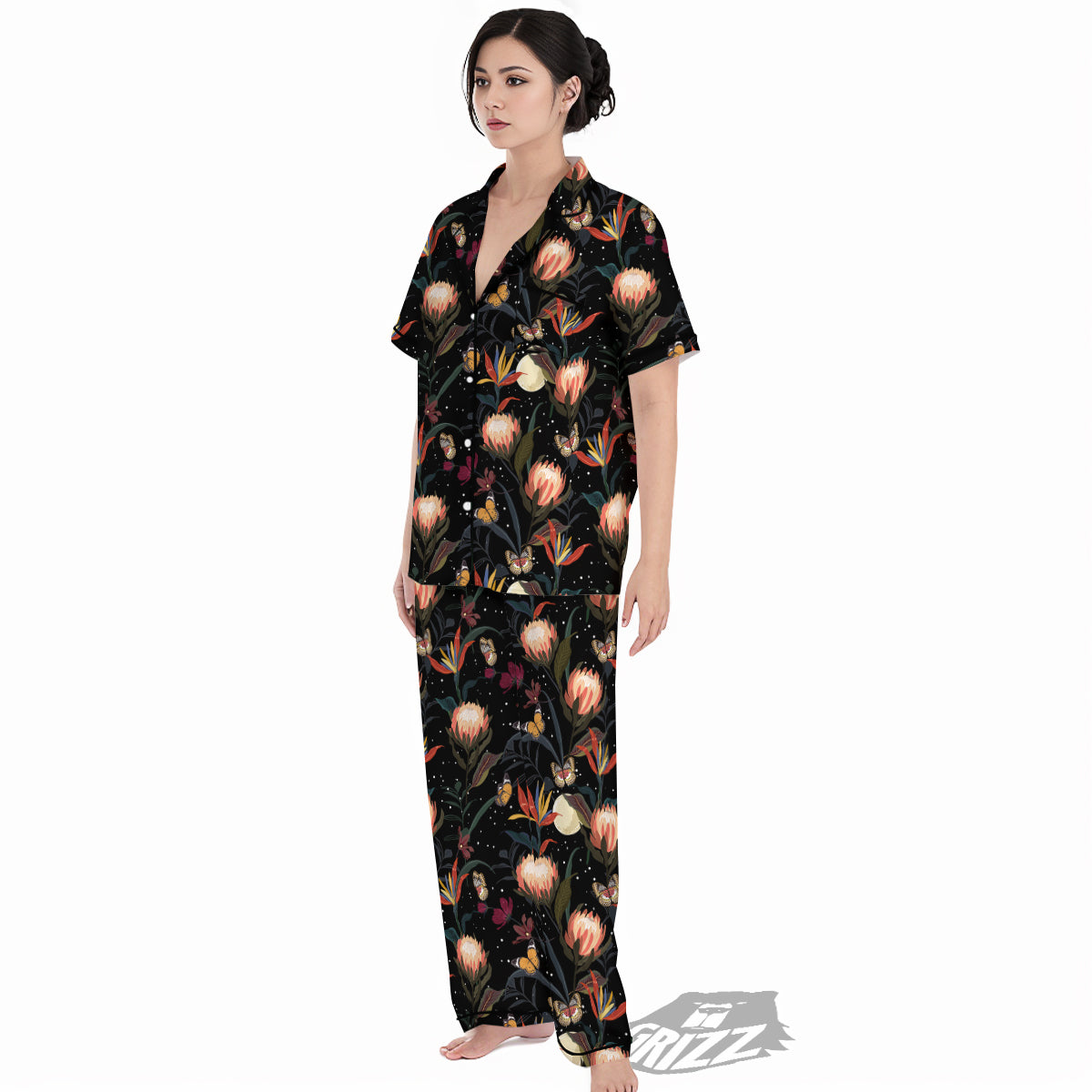 Protea Watercolor Print Pattern Women's Pajamas Set-grizzshop