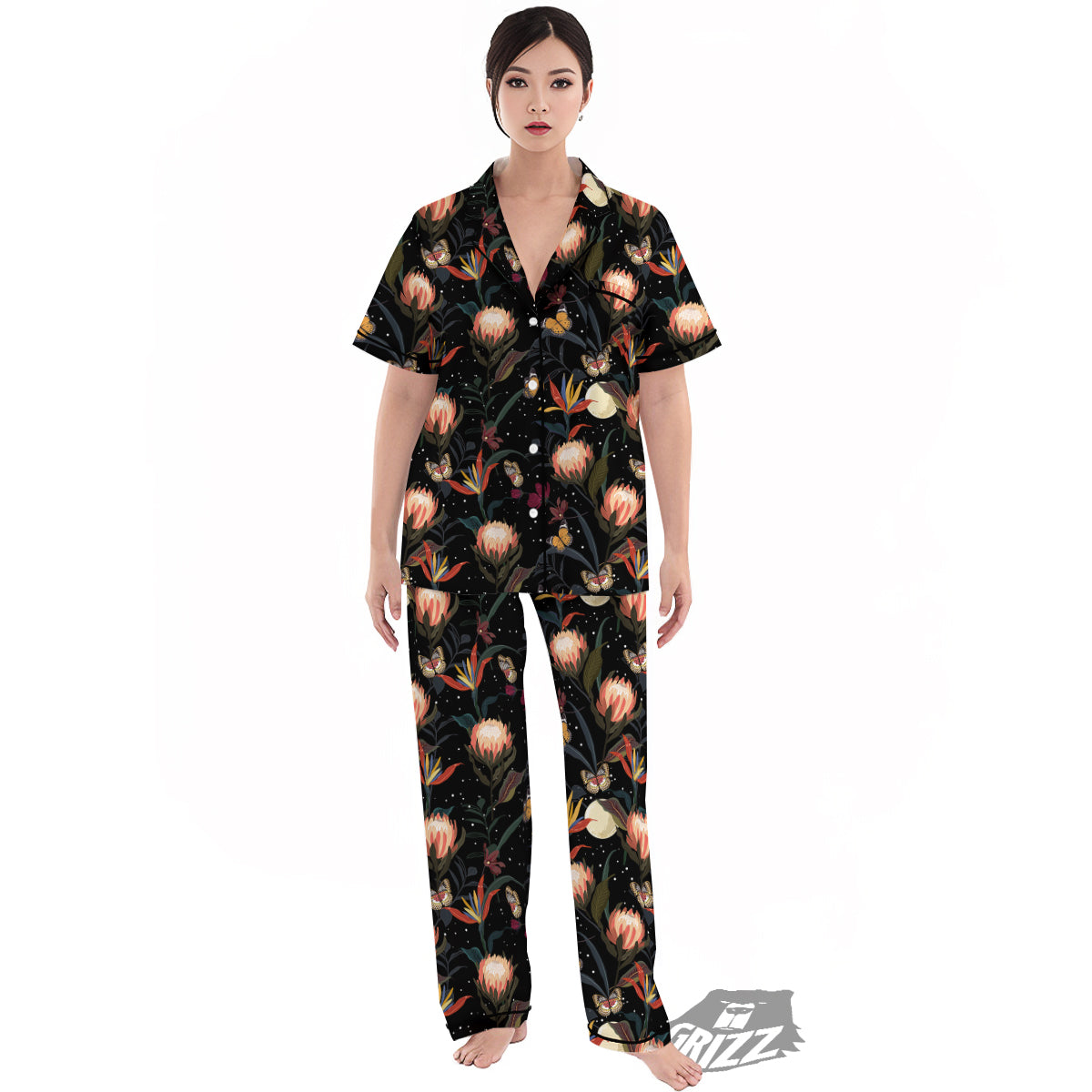 Protea Watercolor Print Pattern Women's Pajamas Set-grizzshop