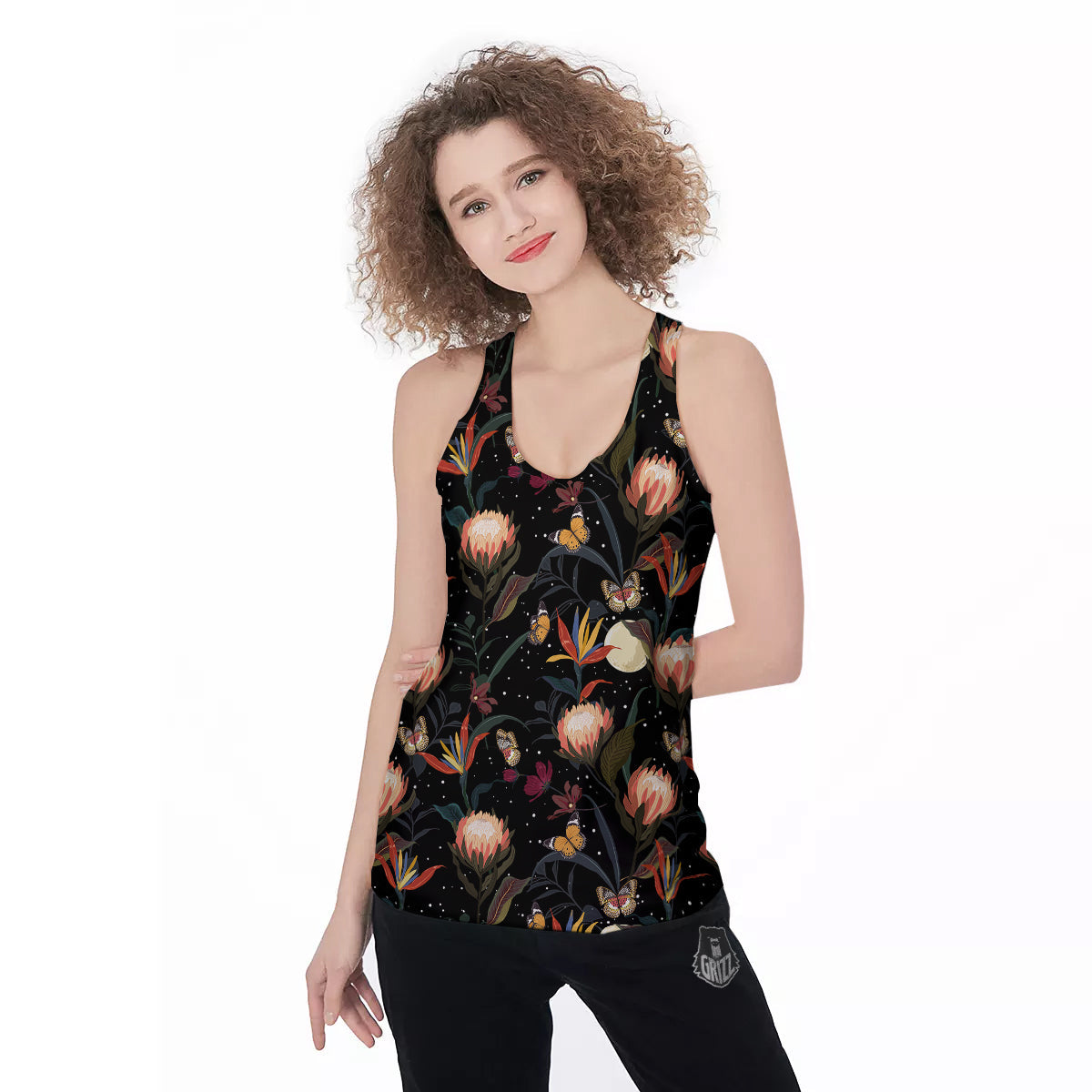 Protea Watercolor Print Pattern Women's Racerback Tank Top-grizzshop