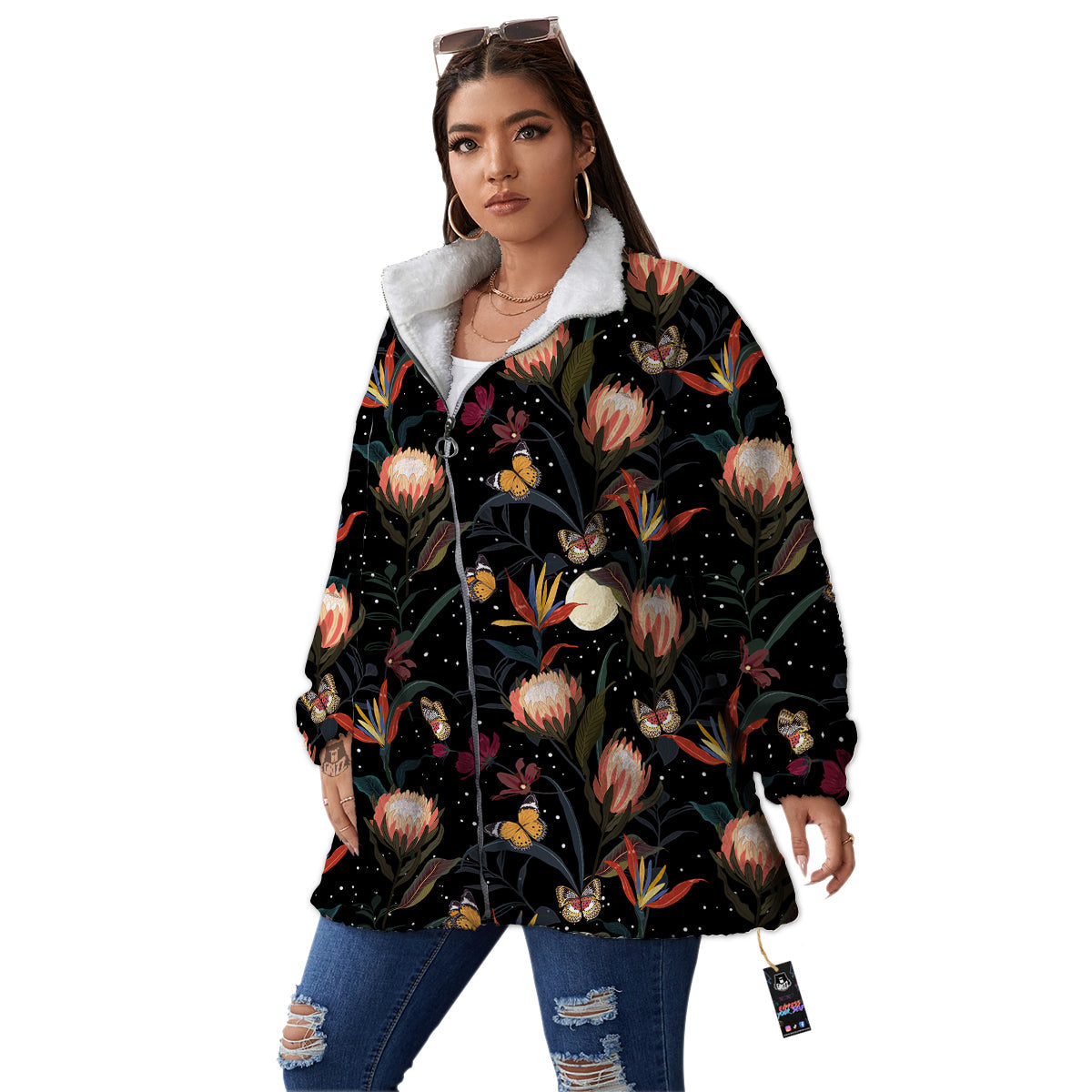 Protea Watercolor Print Pattern Women's Sherpa Jacket-grizzshop