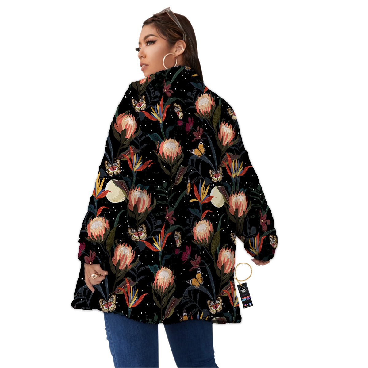 Protea Watercolor Print Pattern Women's Sherpa Jacket-grizzshop