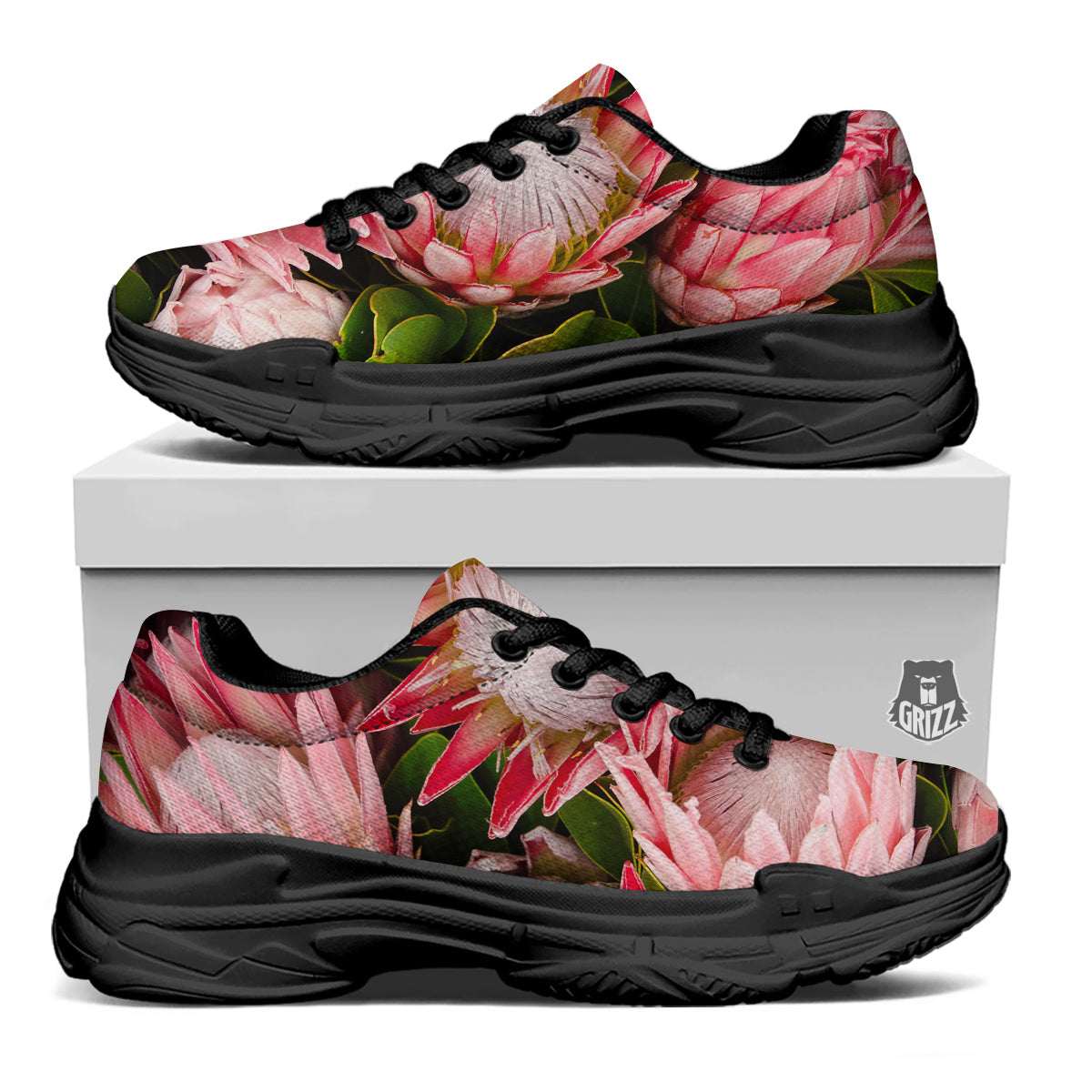 Proteas Bunches Print Black Chunky Shoes-grizzshop
