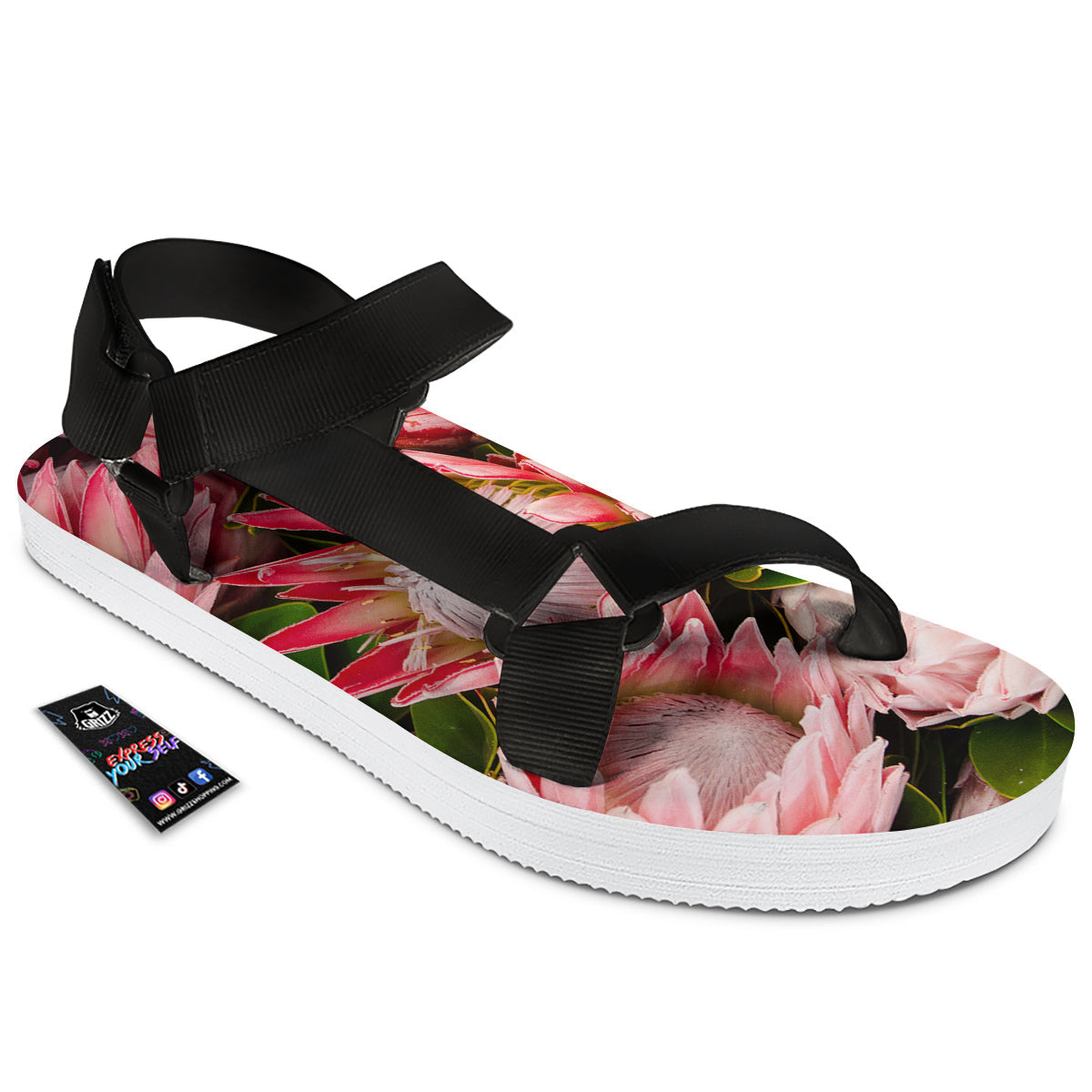 Proteas Bunches Print Black Open Toe Sandals-grizzshop