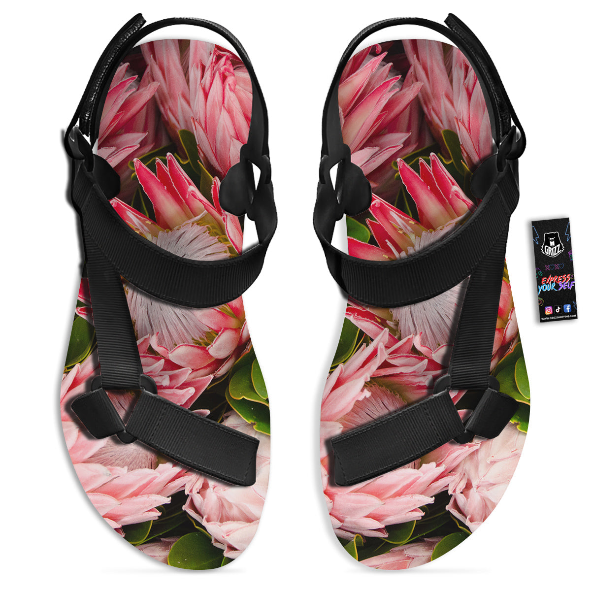 Proteas Bunches Print Black Open Toe Sandals-grizzshop