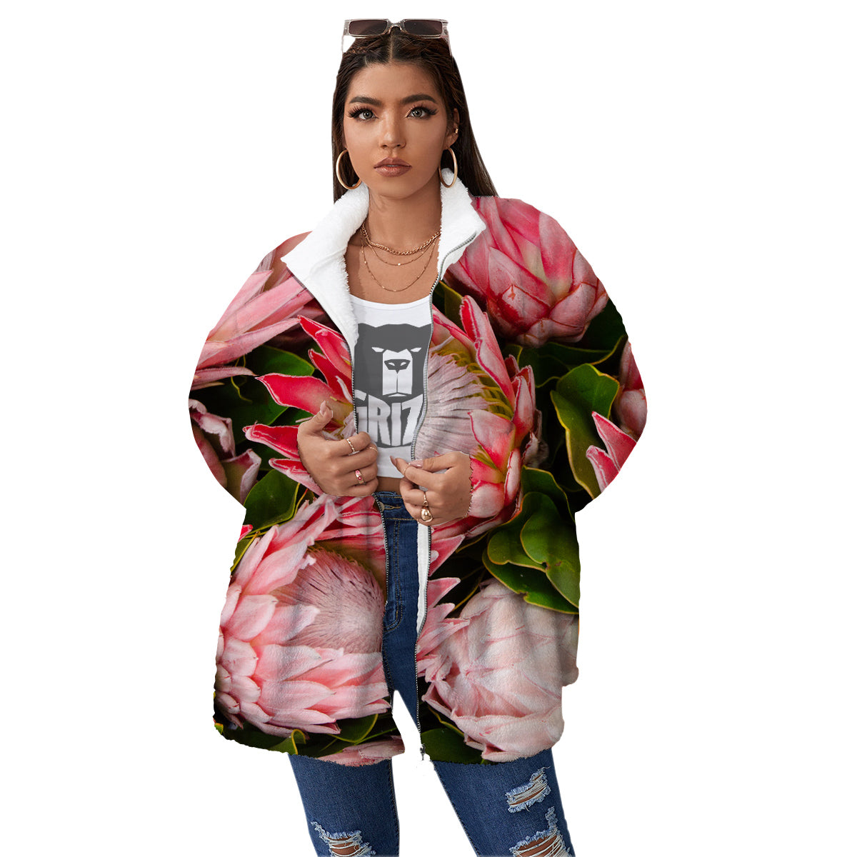 Proteas Bunches Print Women's Sherpa Jacket-grizzshop