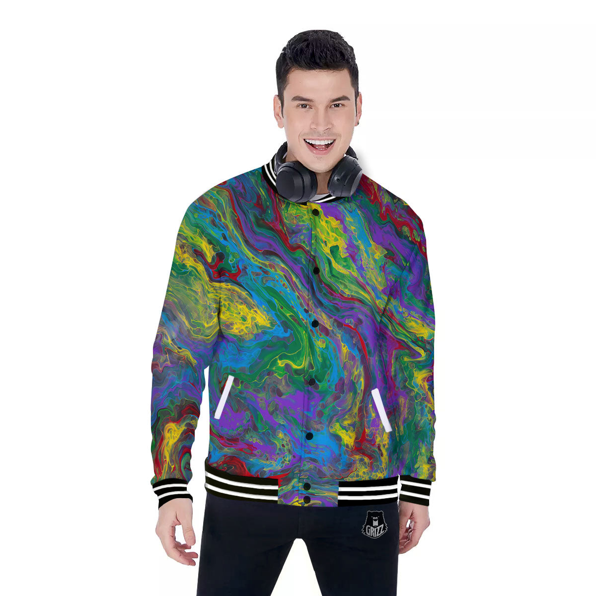 Psychedelic Abstract Print Baseball Jacket-grizzshop