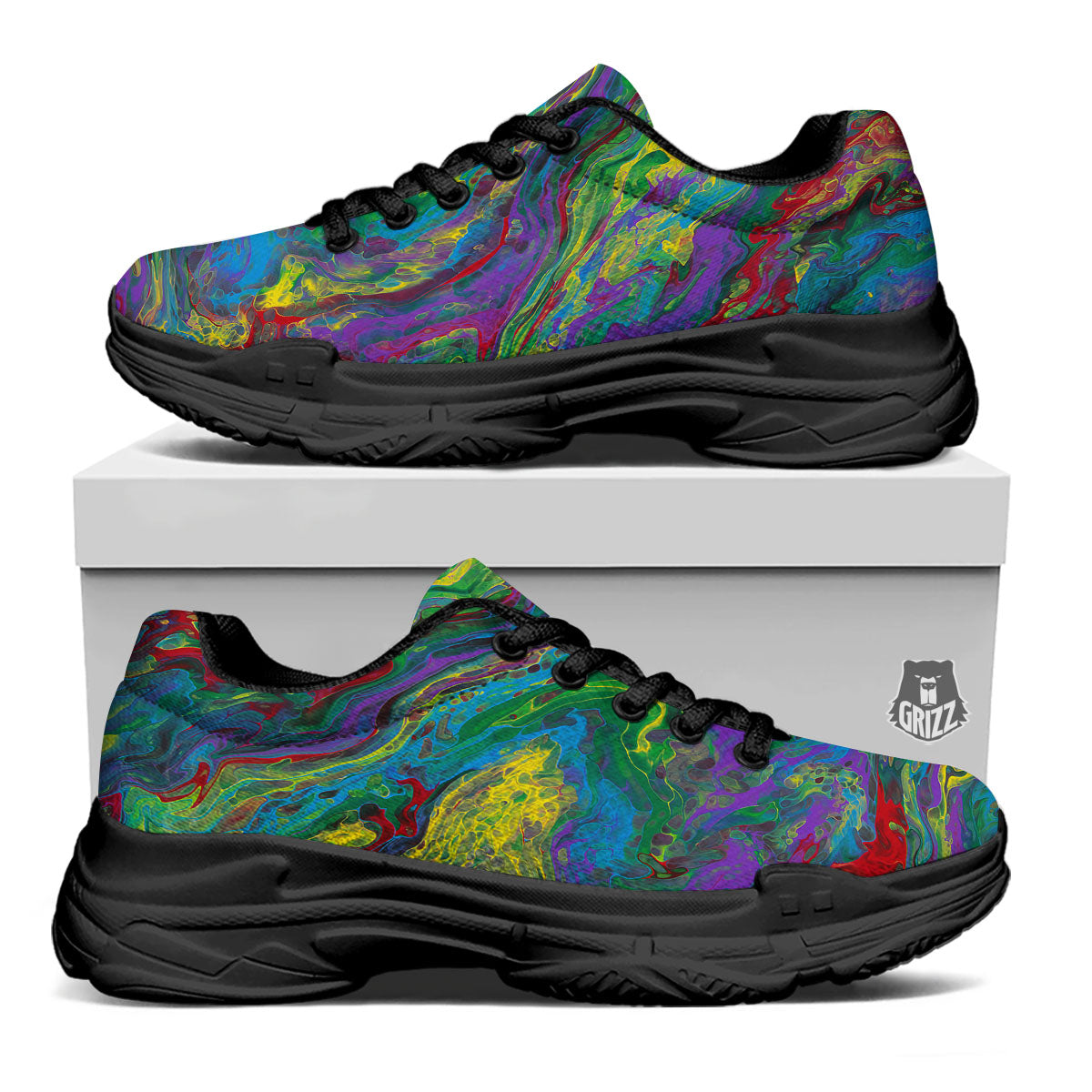Psychedelic Abstract Print Black Chunky Shoes-grizzshop