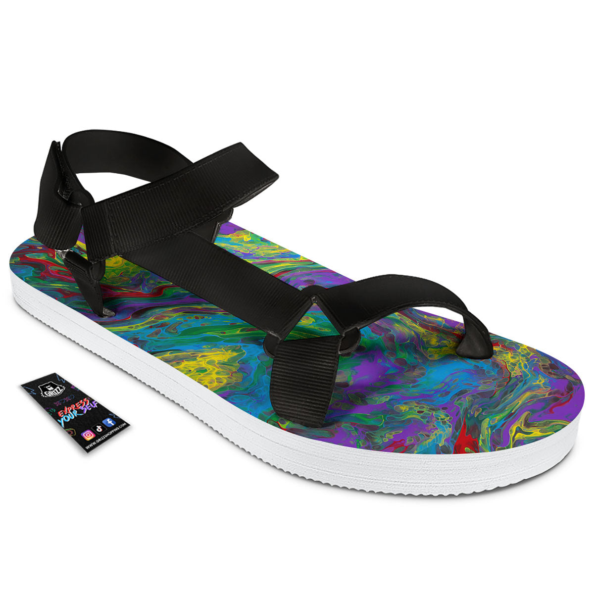 Psychedelic Abstract Print Black Open Toe Sandals-grizzshop