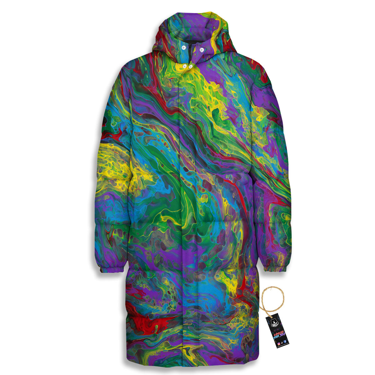 Psychedelic Abstract Print Long Down Jacket-grizzshop