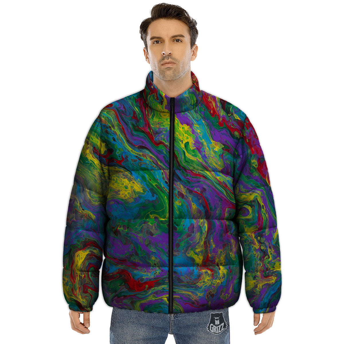 Psychedelic Abstract Print Puffer Jacket-grizzshop