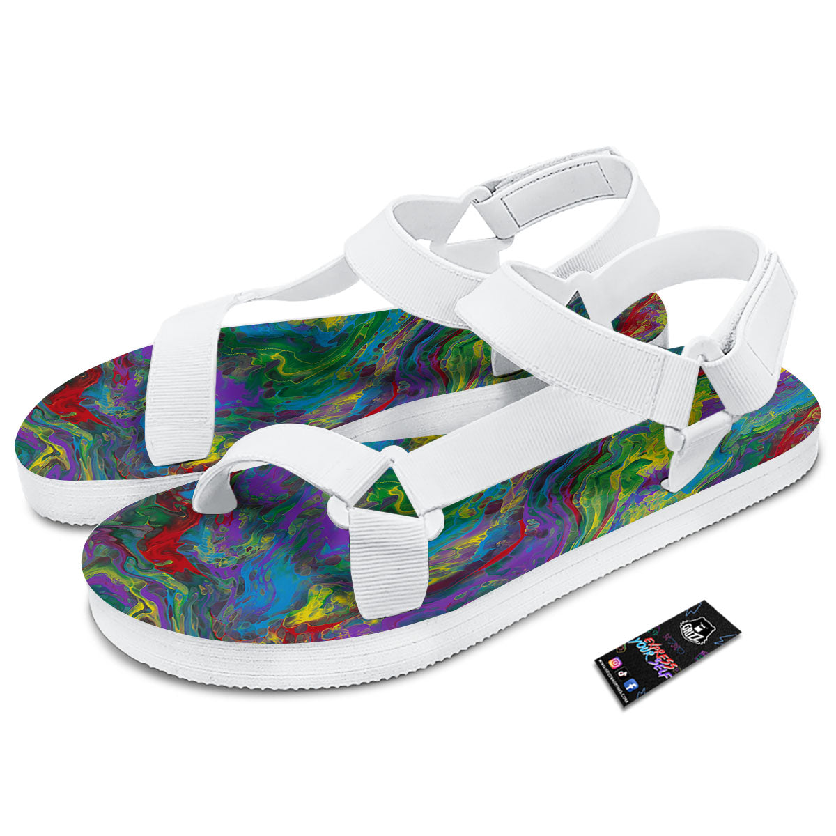 Psychedelic Abstract Print White Open Toe Sandals-grizzshop