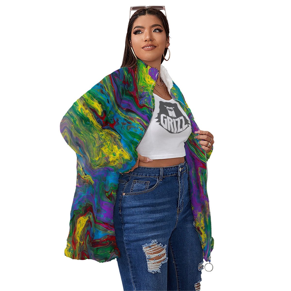 Psychedelic Abstract Print Women's Sherpa Jacket-grizzshop