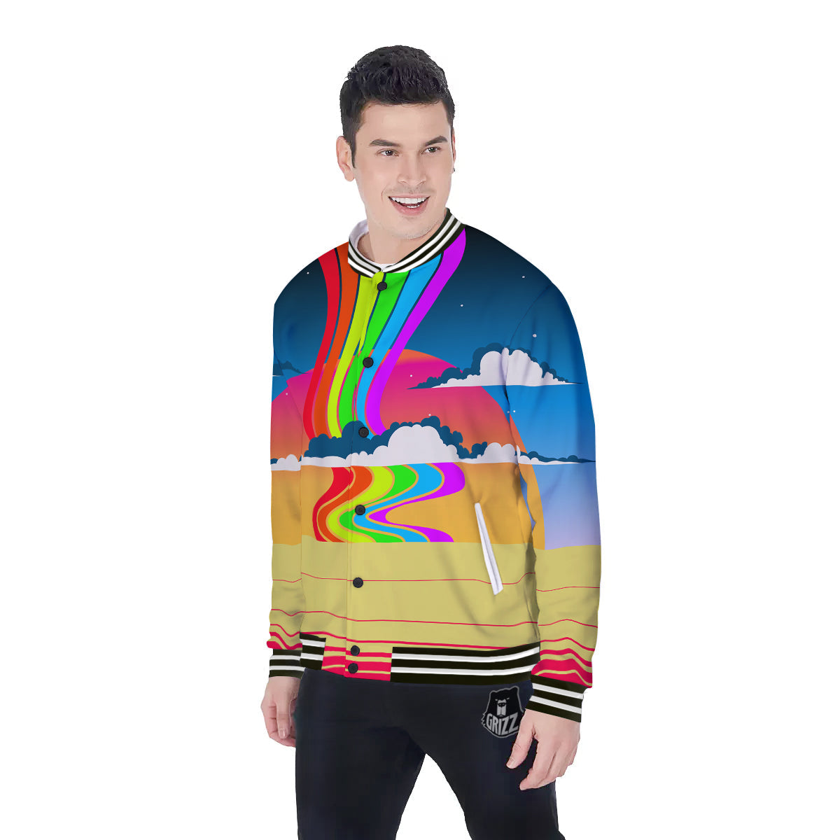 Psychedelic And Gradient Sky Rainbow Print Baseball Jacket-grizzshop