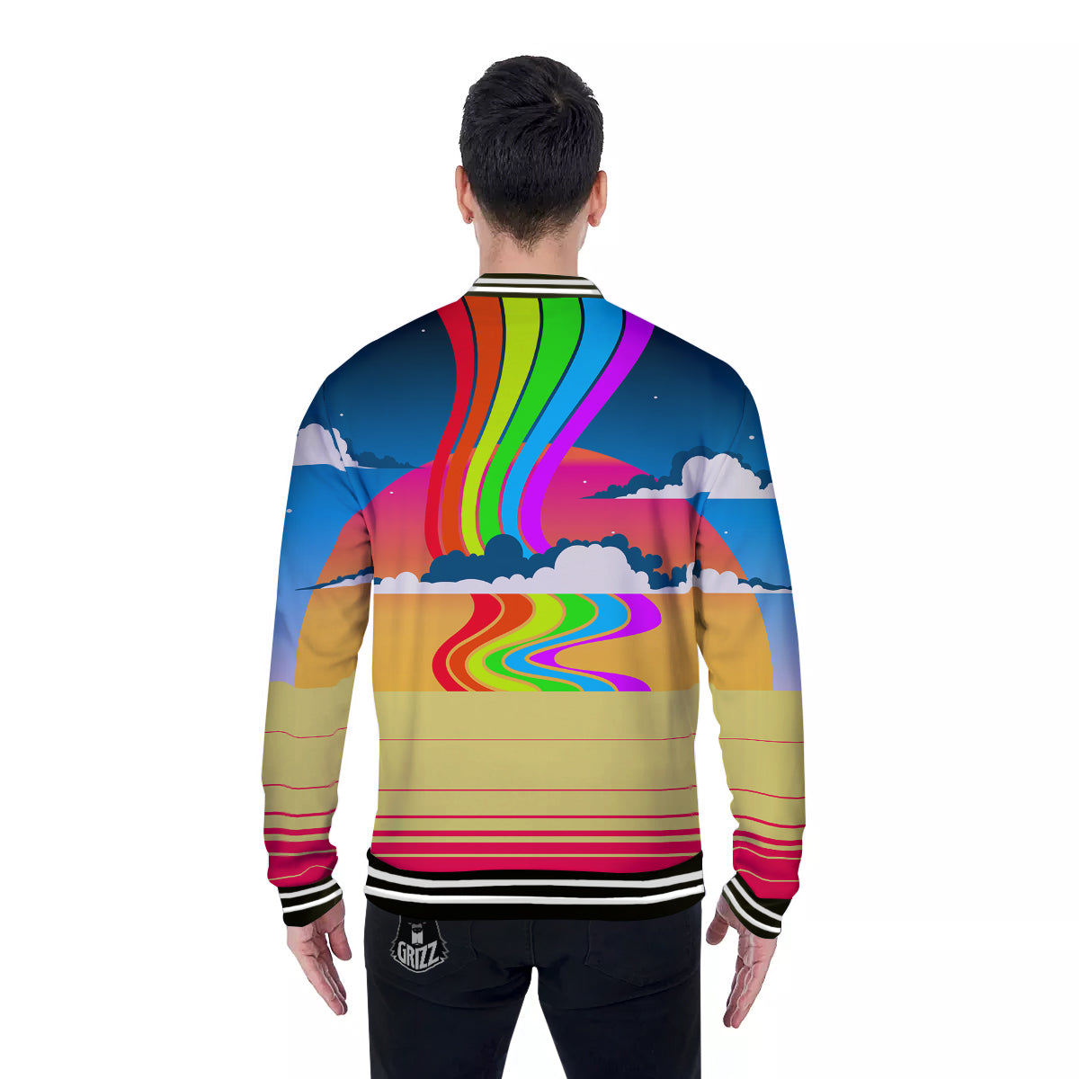 Psychedelic And Gradient Sky Rainbow Print Baseball Jacket-grizzshop