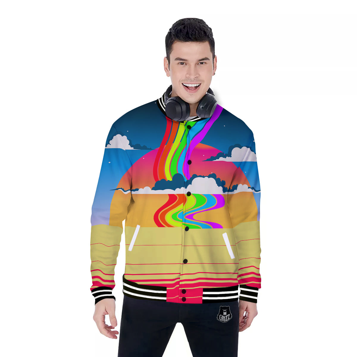 Psychedelic And Gradient Sky Rainbow Print Baseball Jacket-grizzshop