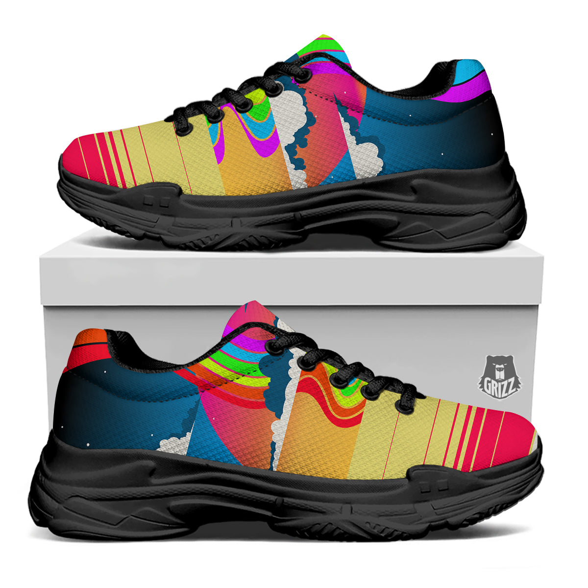 Psychedelic And Gradient Sky Rainbow Print Black Chunky Shoes-grizzshop