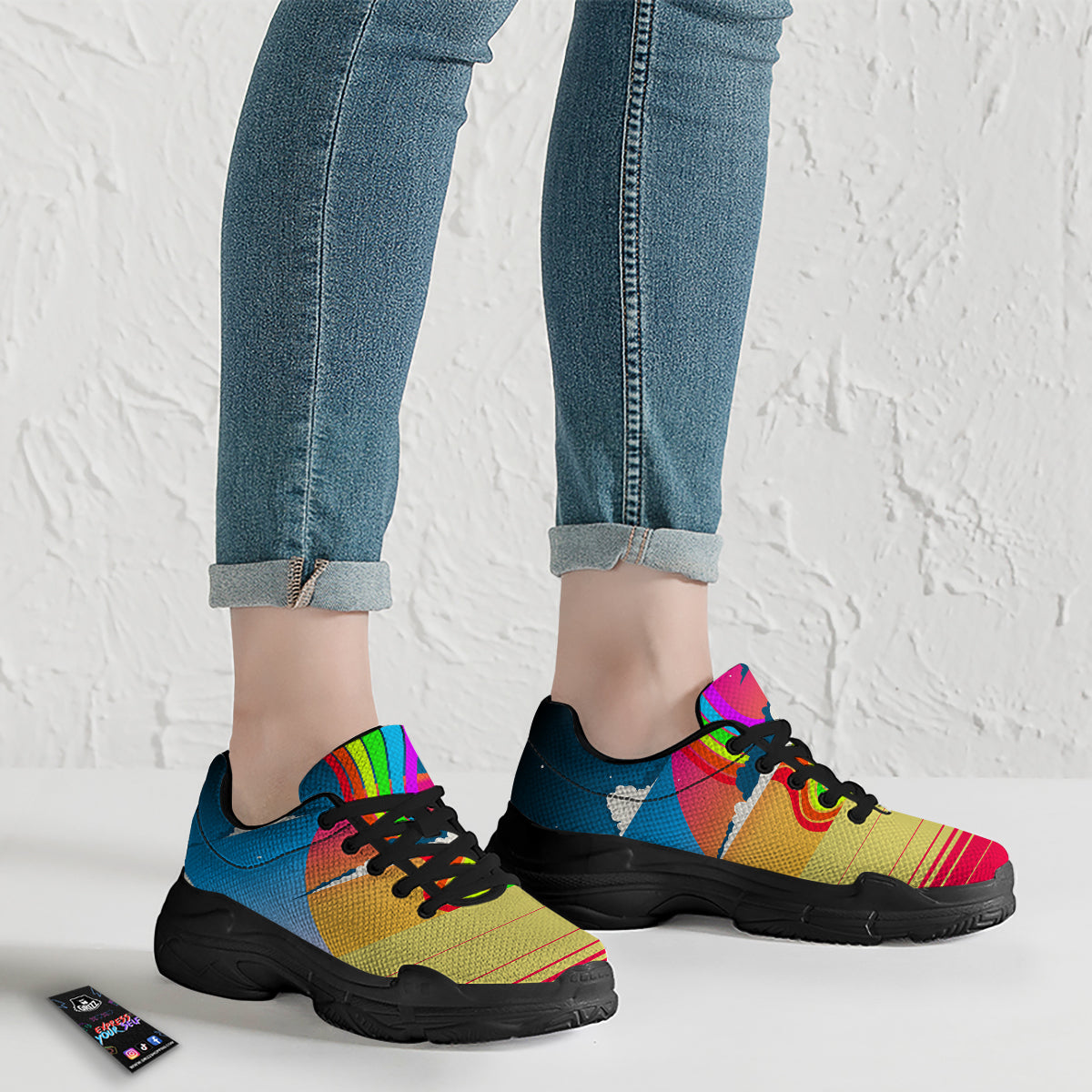 Psychedelic And Gradient Sky Rainbow Print Black Chunky Shoes-grizzshop