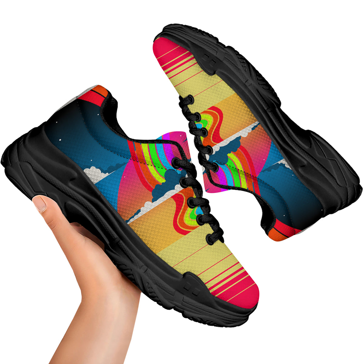 Psychedelic And Gradient Sky Rainbow Print Black Chunky Shoes-grizzshop