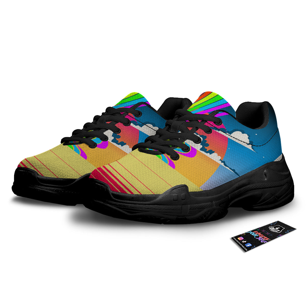 Psychedelic And Gradient Sky Rainbow Print Black Chunky Shoes-grizzshop