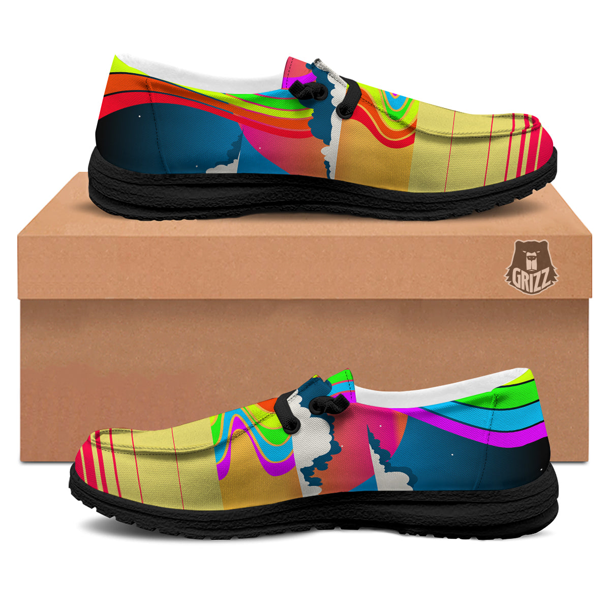 Psychedelic And Gradient Sky Rainbow Print Black Loafers-grizzshop