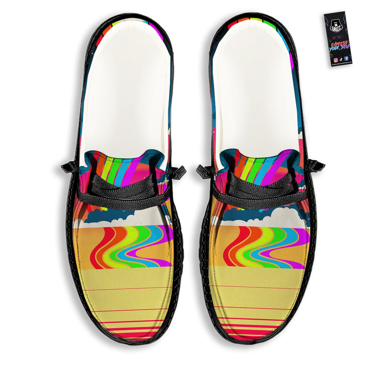 Psychedelic And Gradient Sky Rainbow Print Black Loafers-grizzshop