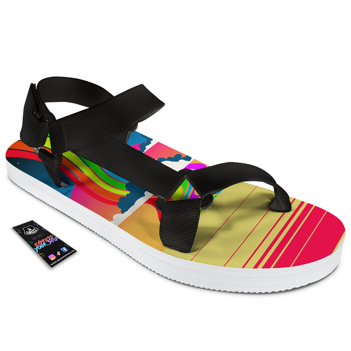 Psychedelic And Gradient Sky Rainbow Print Black Open Toe Sandals-grizzshop