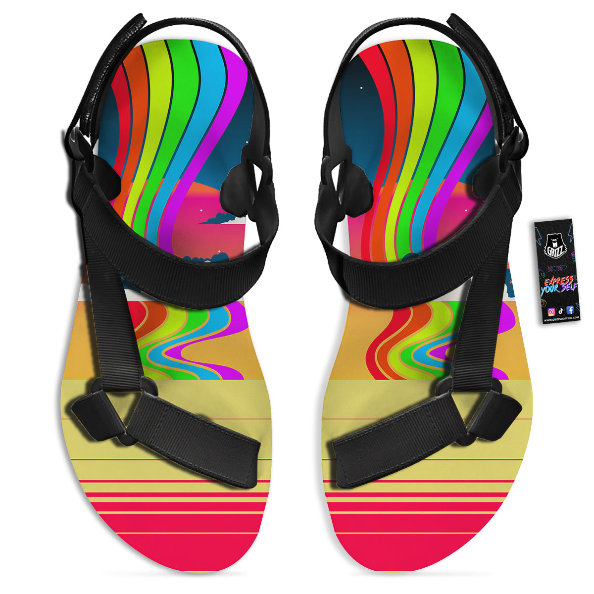 Psychedelic And Gradient Sky Rainbow Print Black Open Toe Sandals-grizzshop
