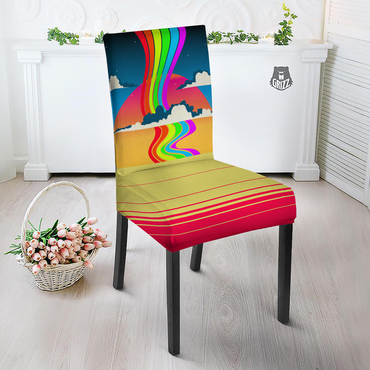 Psychedelic And Gradient Sky Rainbow Print Dining Chair Slipcover-grizzshop