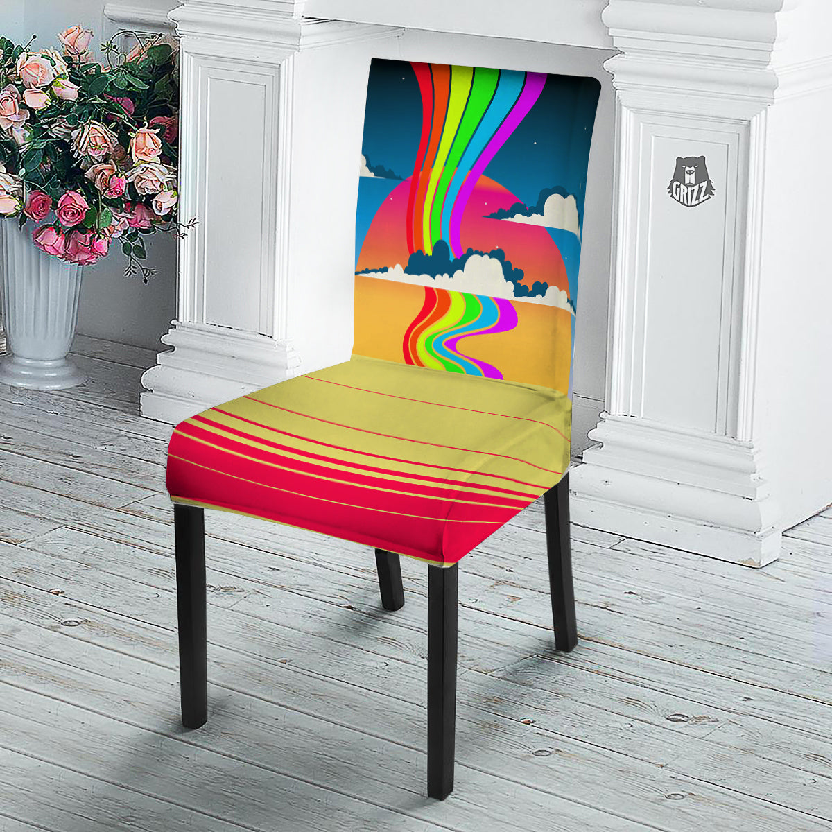 Psychedelic And Gradient Sky Rainbow Print Dining Chair Slipcover-grizzshop