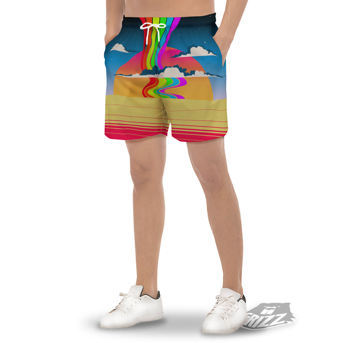 Psychedelic And Gradient Sky Rainbow Print Men's Gym Shorts-grizzshop