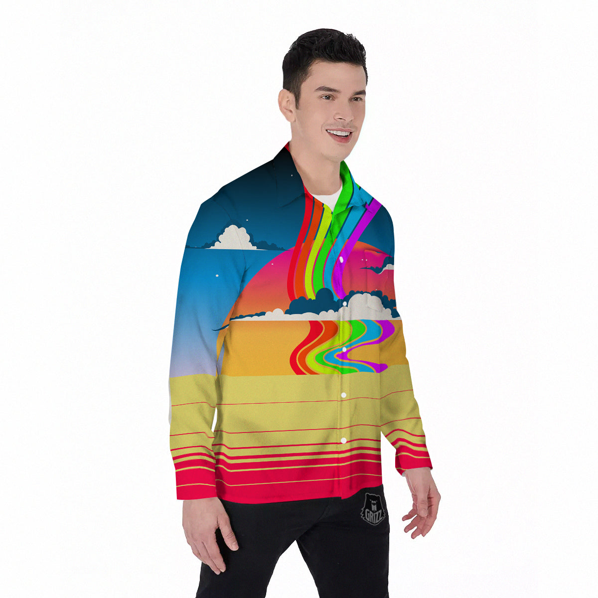 Psychedelic And Gradient Sky Rainbow Print Men's Long Sleeve Shirts-grizzshop
