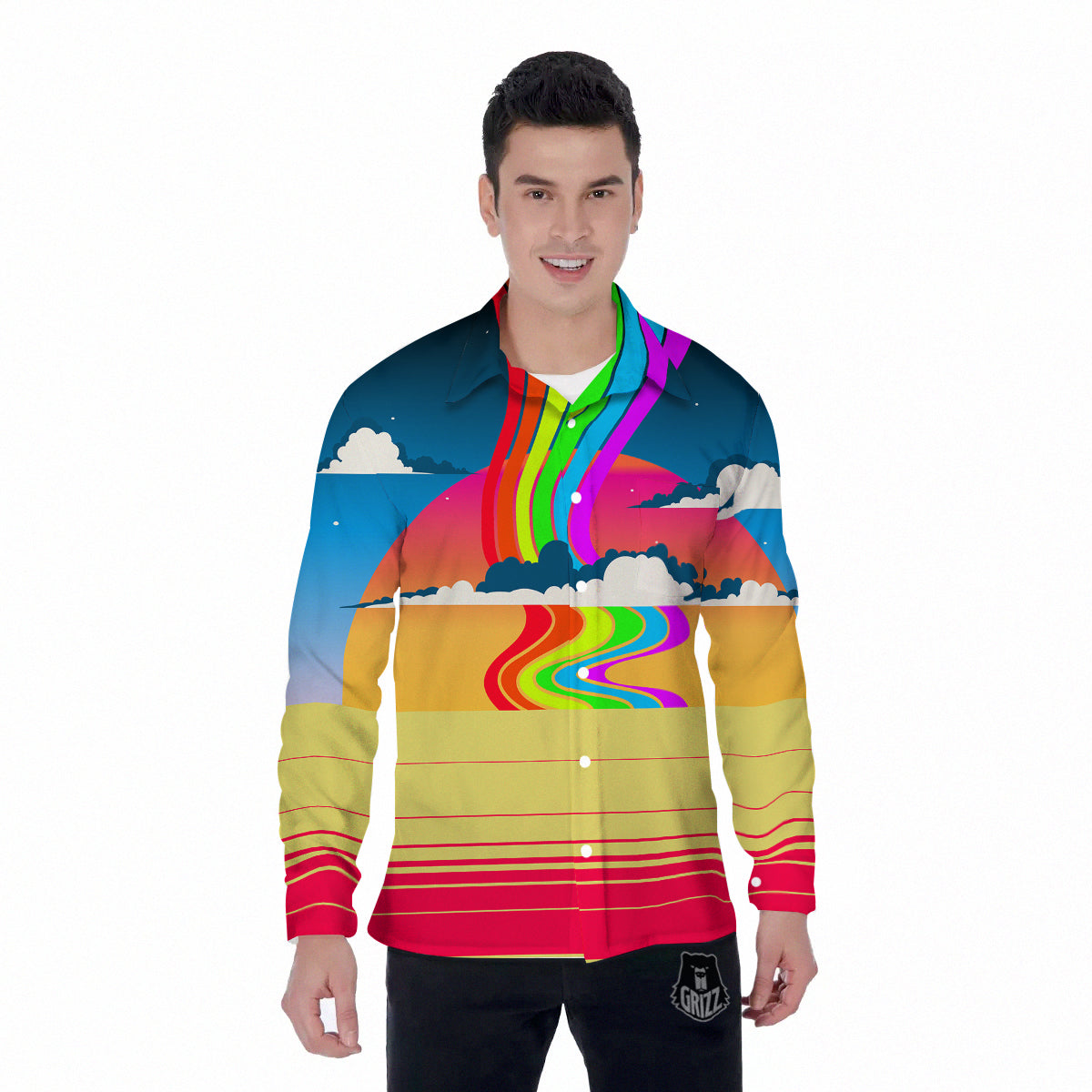 Psychedelic And Gradient Sky Rainbow Print Men's Long Sleeve Shirts-grizzshop