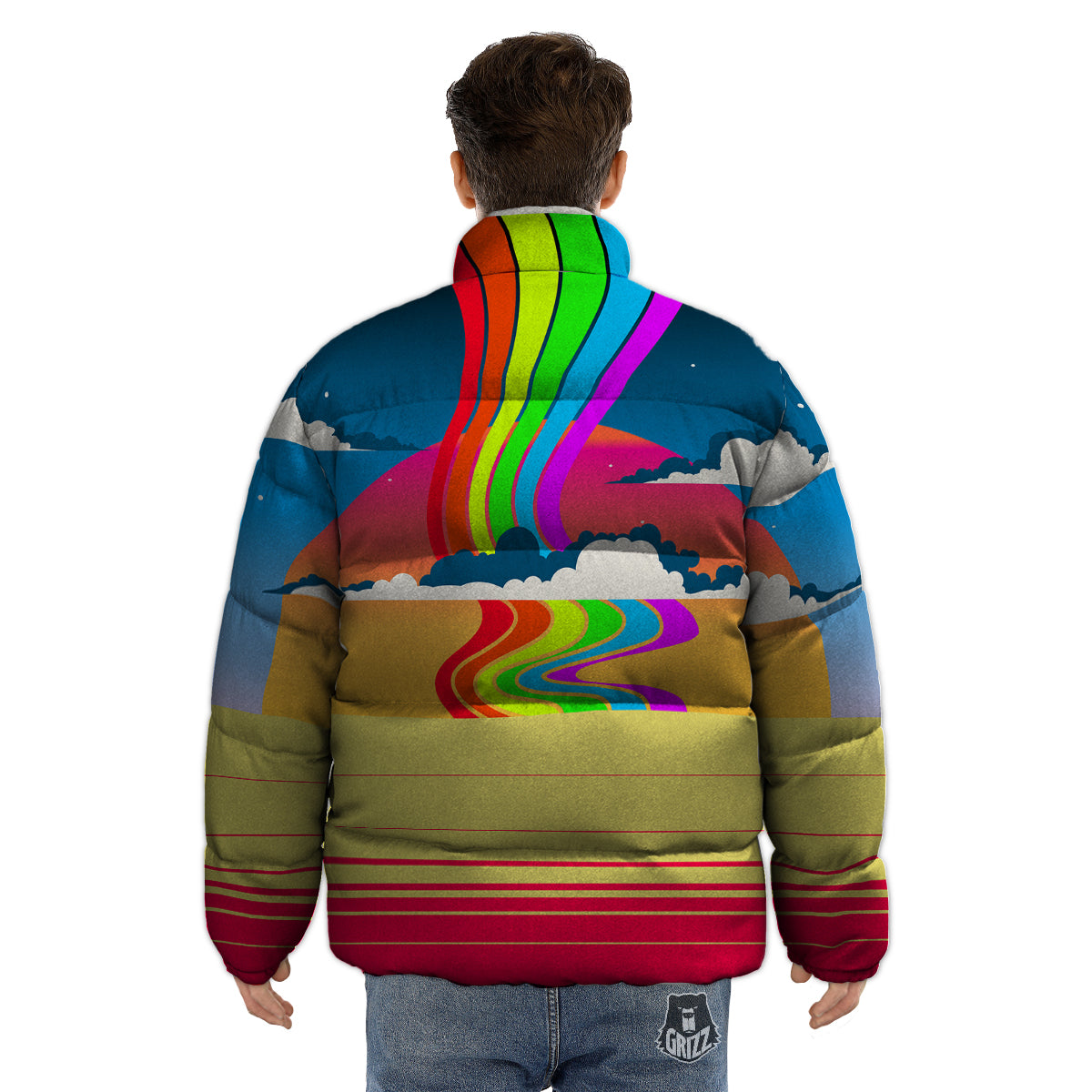 Psychedelic And Gradient Sky Rainbow Print Puffer Jacket-grizzshop
