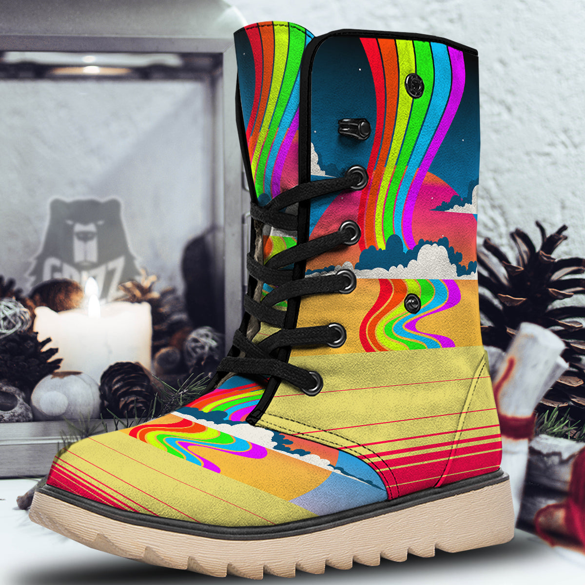 Psychedelic And Gradient Sky Rainbow Print Snow Boots-grizzshop