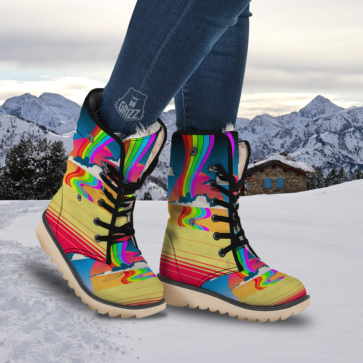Psychedelic And Gradient Sky Rainbow Print Snow Boots-grizzshop