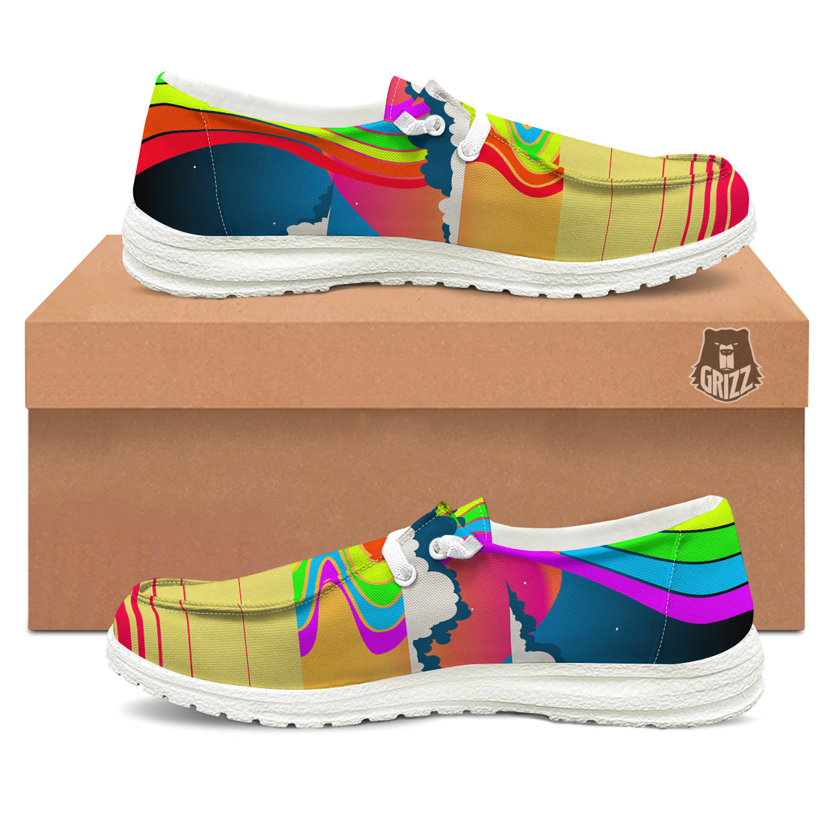 Psychedelic And Gradient Sky Rainbow Print White Loafers-grizzshop