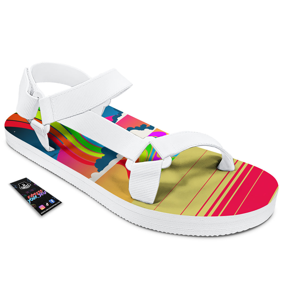 Psychedelic And Gradient Sky Rainbow Print White Open Toe Sandals-grizzshop