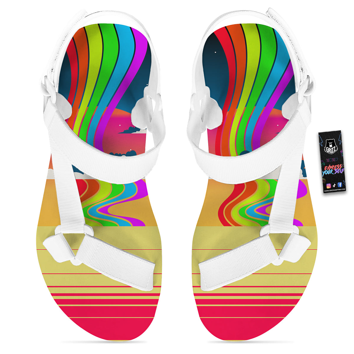 Psychedelic And Gradient Sky Rainbow Print White Open Toe Sandals-grizzshop