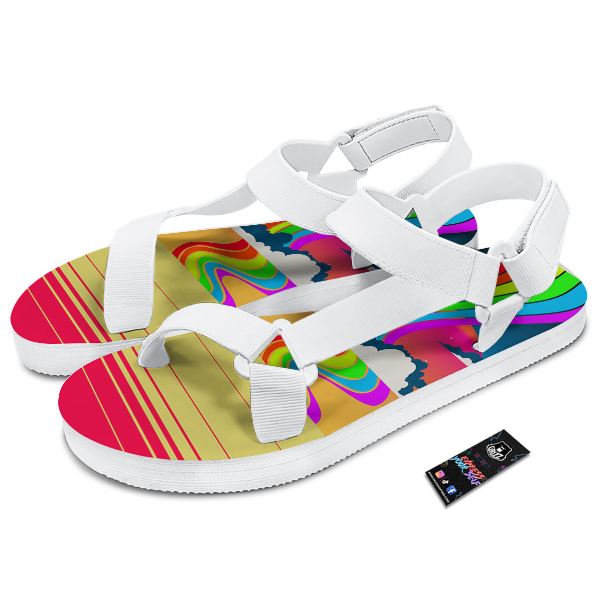Psychedelic And Gradient Sky Rainbow Print White Open Toe Sandals-grizzshop