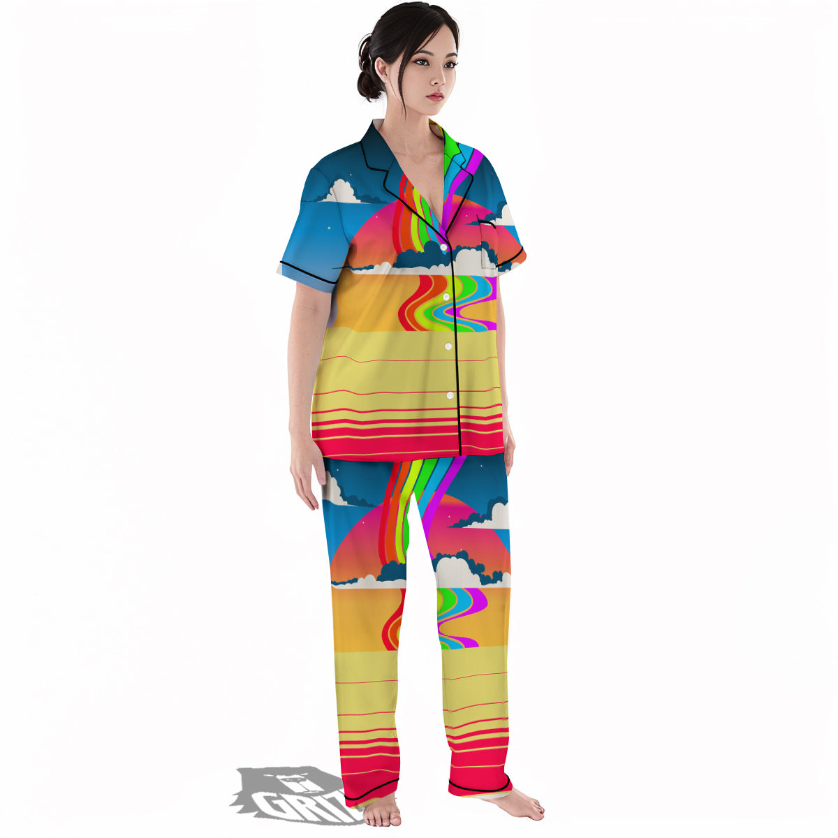 Psychedelic And Gradient Sky Rainbow Print Women's Pajamas Set-grizzshop
