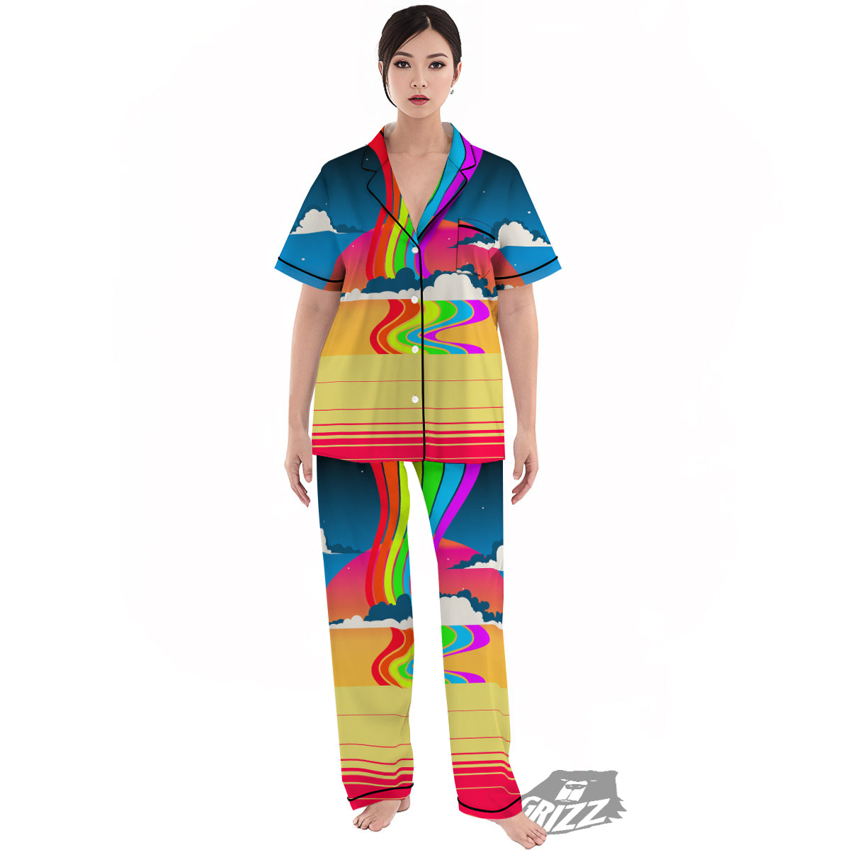 Psychedelic And Gradient Sky Rainbow Print Women's Pajamas Set-grizzshop