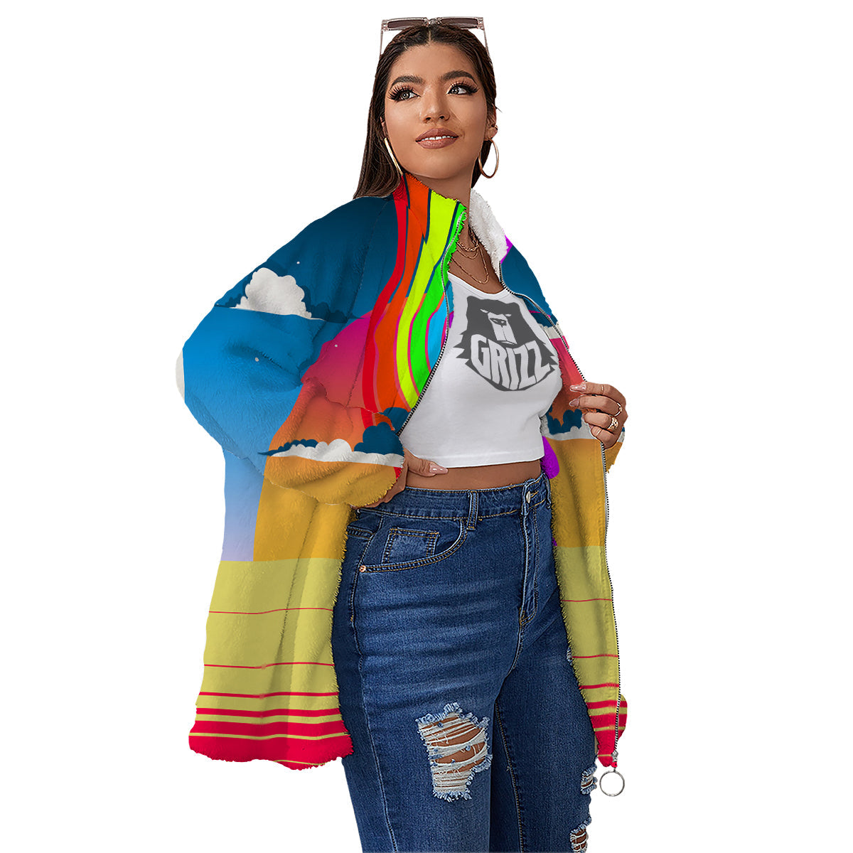 Psychedelic And Gradient Sky Rainbow Print Women's Sherpa Jacket-grizzshop