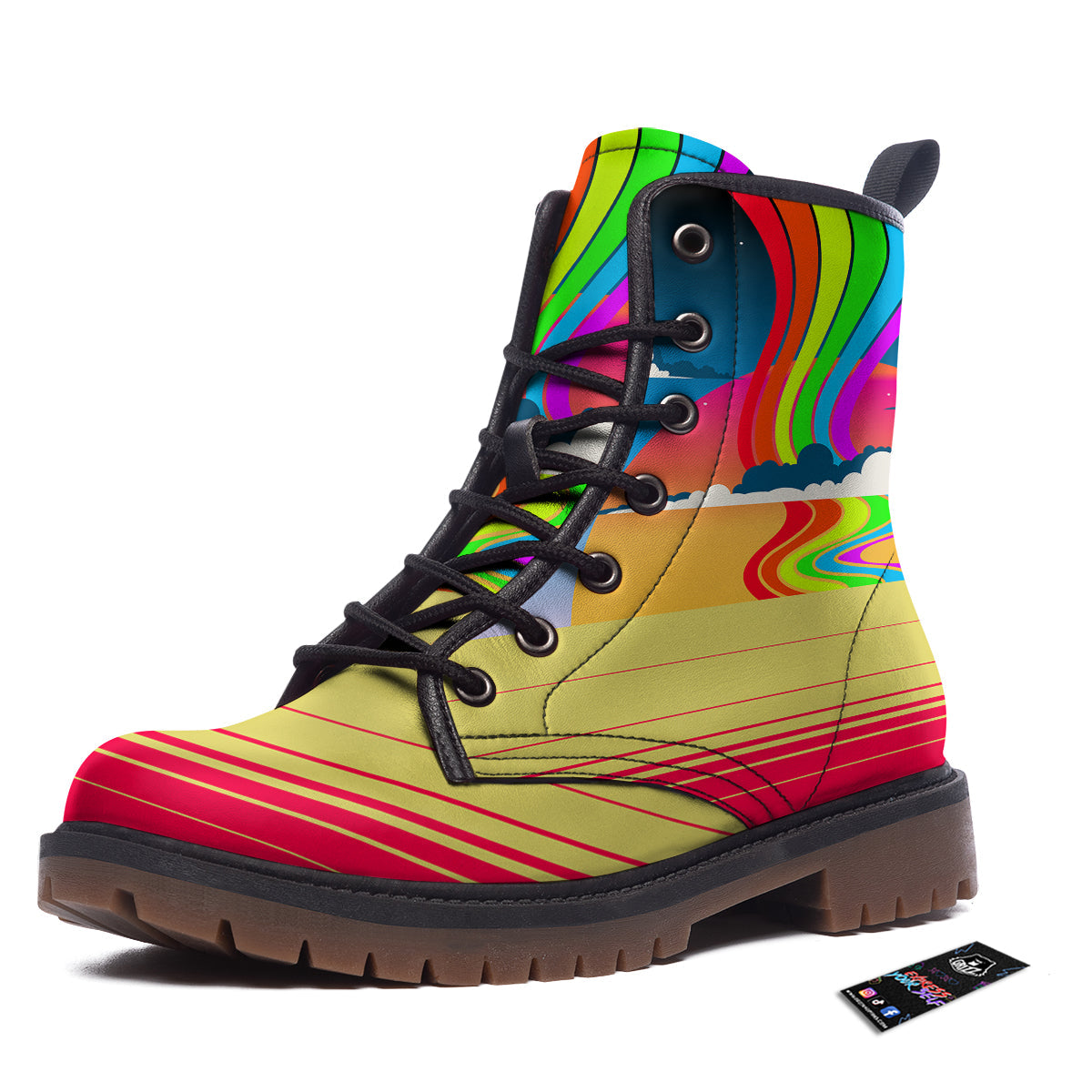 Psychedelic And Gradient Sky Rainbow Print Work Boots-grizzshop