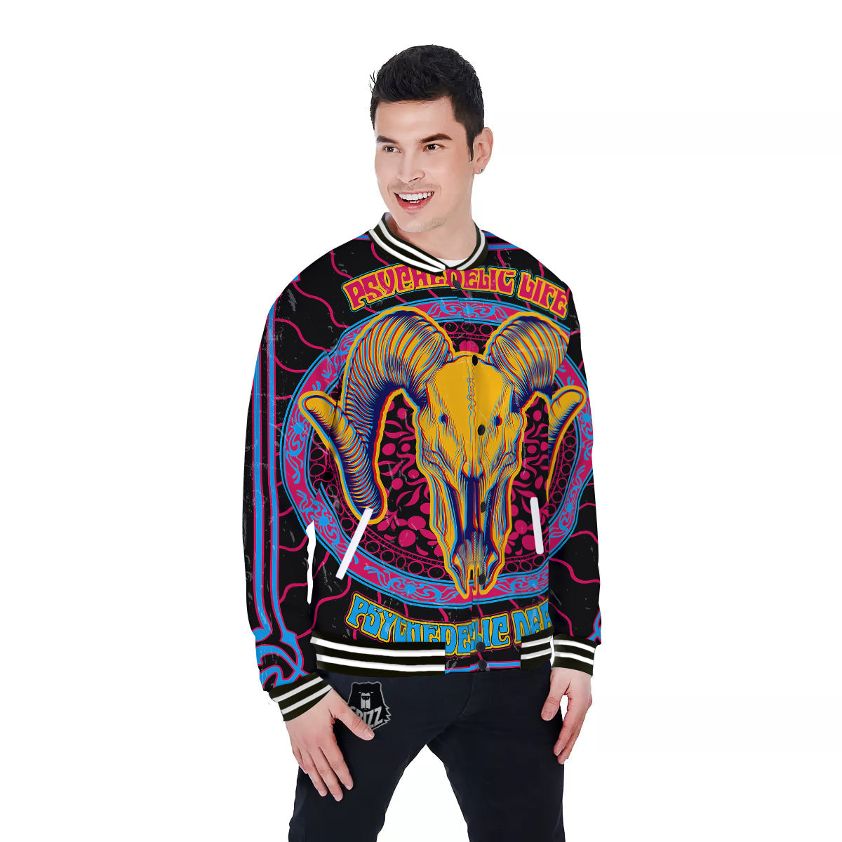 Psychedelic And Ram Skull Print Baseball Jacket-grizzshop