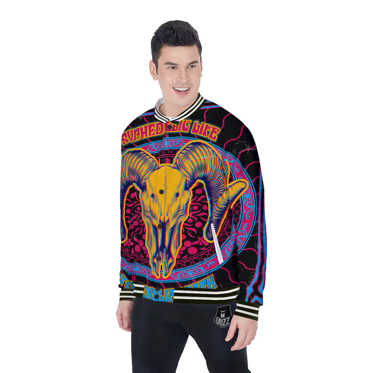 Psychedelic And Ram Skull Print Baseball Jacket-grizzshop